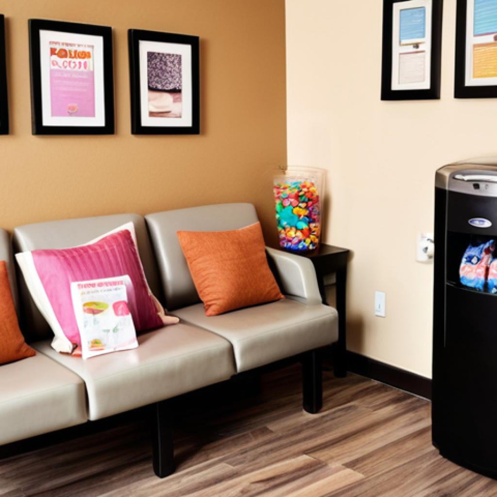 **Prompt:** Inviting massage therapy reception area. Comfortable seating, water cooler, soft lighting, magazines, and a small bowl of individually wrapped candies. Focus on creating a welcoming and relaxing atmosphere.