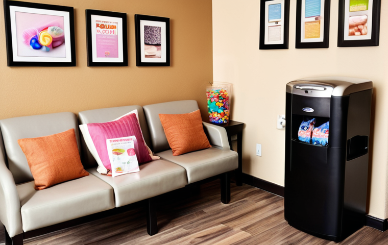 **Prompt:** Inviting massage therapy reception area. Comfortable seating, water cooler, soft lighting, magazines, and a small bowl of individually wrapped candies. Focus on creating a welcoming and relaxing atmosphere.