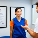 A professional sports therapist, fully clothed in a modest, professional uniform, stands confidently in a modern, brightly lit sports therapy clinic. A framed international certification is subtly visible on the wall in the background, signifying global standards. The therapist is professionally demonstrating a gentle, appropriate technique on an athlete's fully clothed arm, emphasizing a trust-filled interaction. Both subjects exhibit perfect anatomy, correct proportions, and natural poses, with well-formed hands and proper finger count. The scene conveys expertise, trustworthiness, and a clean, professional environment. Natural body proportions, safe for work, appropriate content, family-friendly, professional dress, high-quality professional photography, crisp focus, realistic lighting.