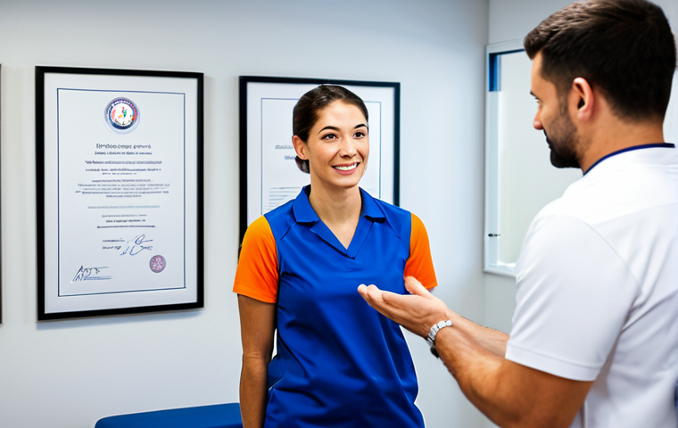 A professional sports therapist, fully clothed in a modest, professional uniform, stands confidently in a modern, brightly lit sports therapy clinic. A framed international certification is subtly visible on the wall in the background, signifying global standards. The therapist is professionally demonstrating a gentle, appropriate technique on an athlete's fully clothed arm, emphasizing a trust-filled interaction. Both subjects exhibit perfect anatomy, correct proportions, and natural poses, with well-formed hands and proper finger count. The scene conveys expertise, trustworthiness, and a clean, professional environment. Natural body proportions, safe for work, appropriate content, family-friendly, professional dress, high-quality professional photography, crisp focus, realistic lighting.