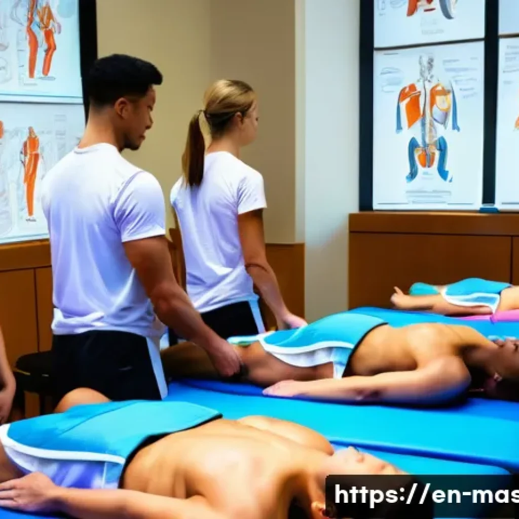 스포츠마사지사 교육 과정의 현실 - A detailed scene inside a modern sports massage training classroom: a diverse group of adult student...