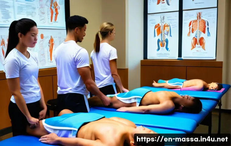 스포츠마사지사 교육 과정의 현실 - A detailed scene inside a modern sports massage training classroom: a diverse group of adult student...