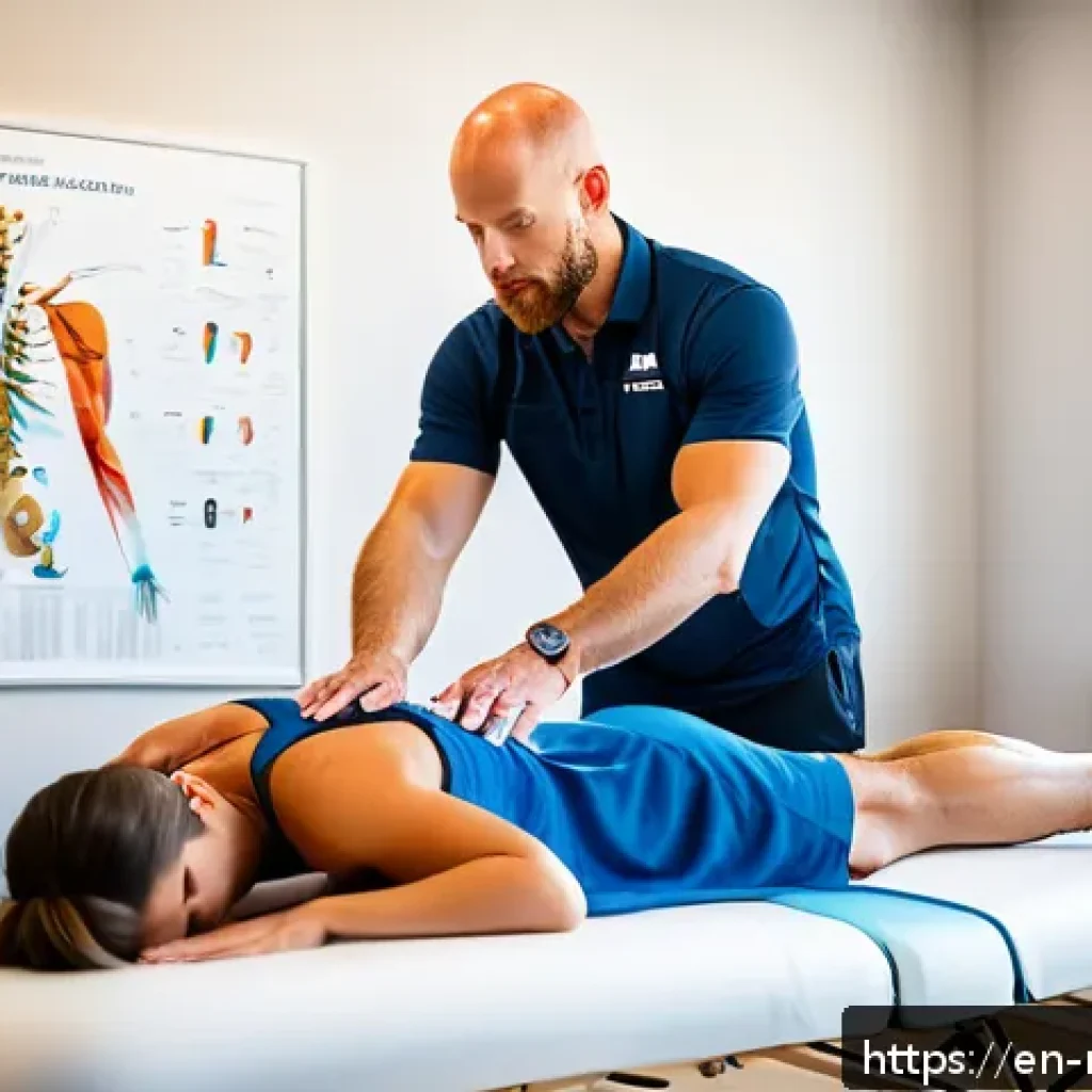스포츠마사지사 경력직 포트폴리오 작성법 - A professional sports massage therapist in a modern clinic setting, wearing clean, branded athletic ...