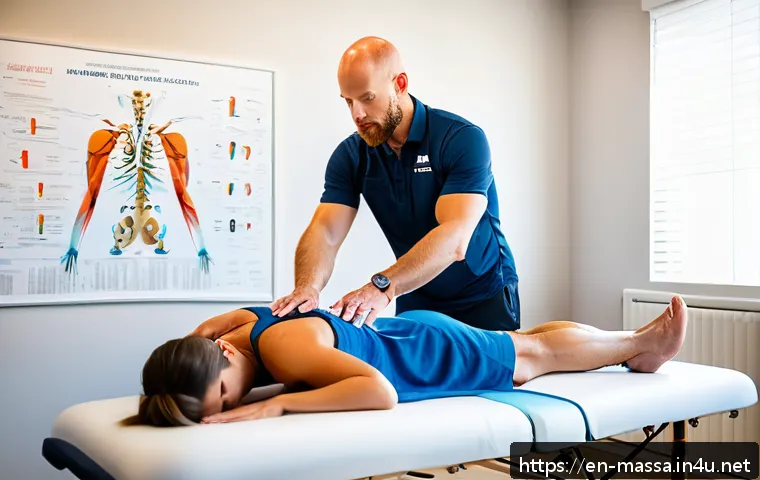 스포츠마사지사 경력직 포트폴리오 작성법 - A professional sports massage therapist in a modern clinic setting, wearing clean, branded athletic ...