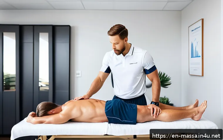 스포츠마사지사 고객 평가 활용법 - A professional sports massage therapist attentively working on a male runner&rsquo;s calf and hamstring mu...