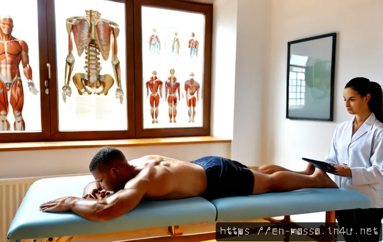 스포츠마사지사 필수 학습 이론 - Photorealistic sports massage education scene in a modern training clinic, a fully clothed adult tra...