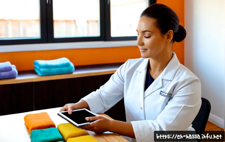 Home 17 스포츠마사지사 스케줄 관리 팁 - Photorealistic sports massage therapist in a clean modern wellness studio, seated at a wooden desk o...