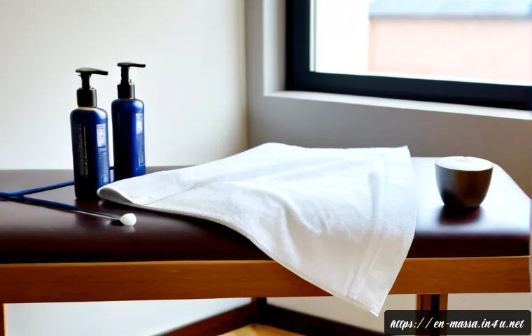 스포츠마사지사 필수 장비 리뷰 - Photorealistic editorial product-review scene for a sports massage therapist’s essential equipment, ...