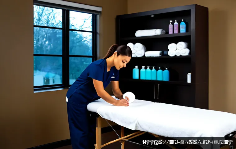 스포츠마사지사의 하루 - Photorealistic early morning scene in a clean American sports therapy clinic, a professional sports ...